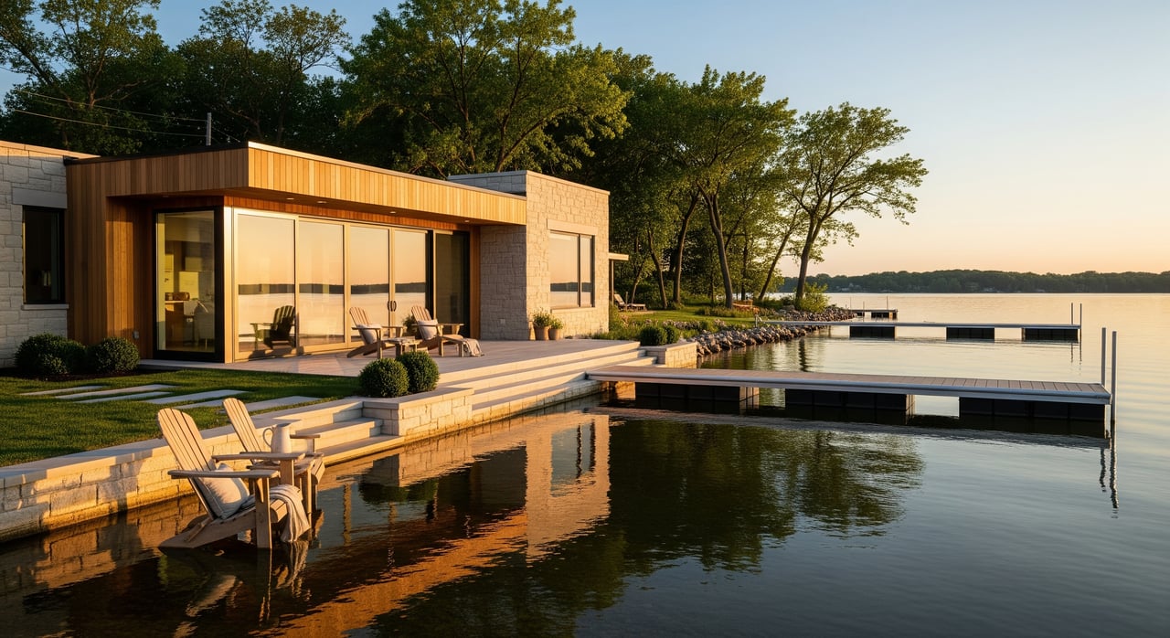 Modern lakeside home with a broad deck, waterside chairs, and a dock extending over the water.