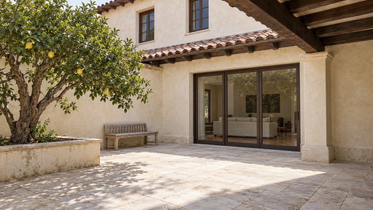 Sunlit stucco courtyard with terracotta roof tiles, limestone paving, glazed living-room doors and a mature lemon tree.