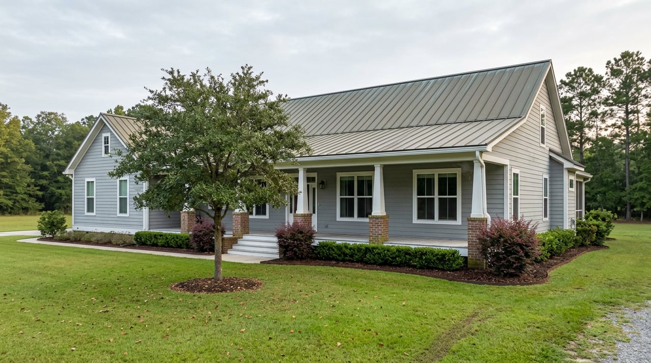Gray-sided home with a covered porch, bronze-green metal roof, and live oak shading the front lawn.