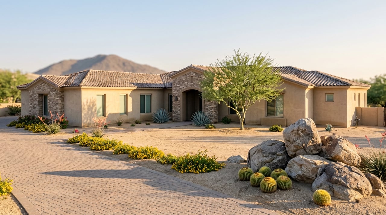 Desert estate with sand-colored stucco, stone entry, clay tile roof, and a sculpted palo verde beside the paver drive.