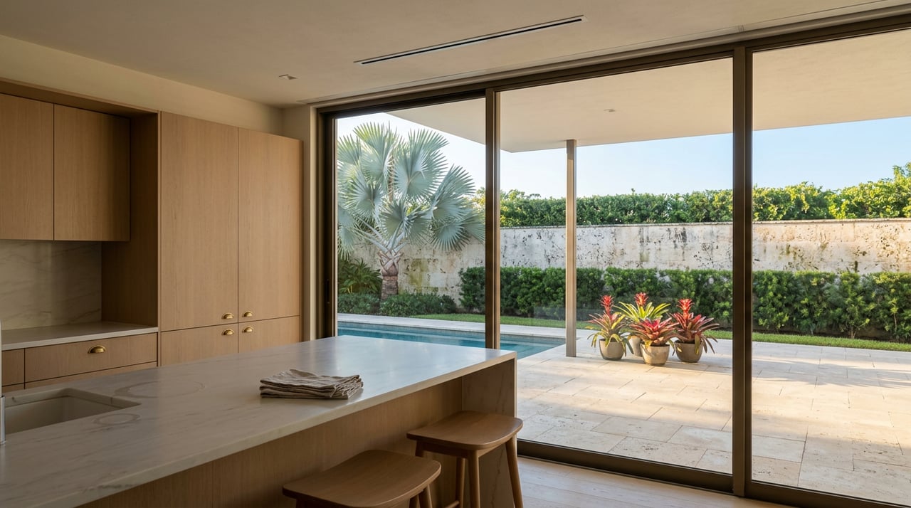 Quartzite kitchen island and oak cabinetry face glass doors opening onto a pool terrace with a palm.