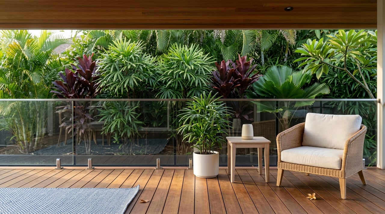 Rattan lounge chair with an off-white cushion beside a ceramic vessel on a hardwood lanai deck, backed by tropical plants.