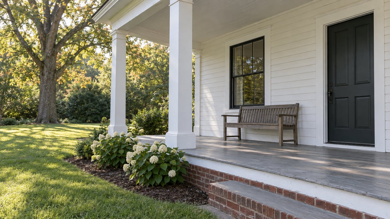 White clapboard house with a deep porch, brick steps, and a broad lawn beneath an oak.