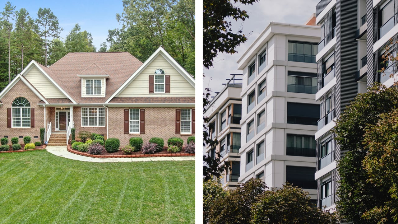 Side-by-side comparison image showing a single-family suburban home with a yard next to a modern multi-story condominium building surrounded by trees.