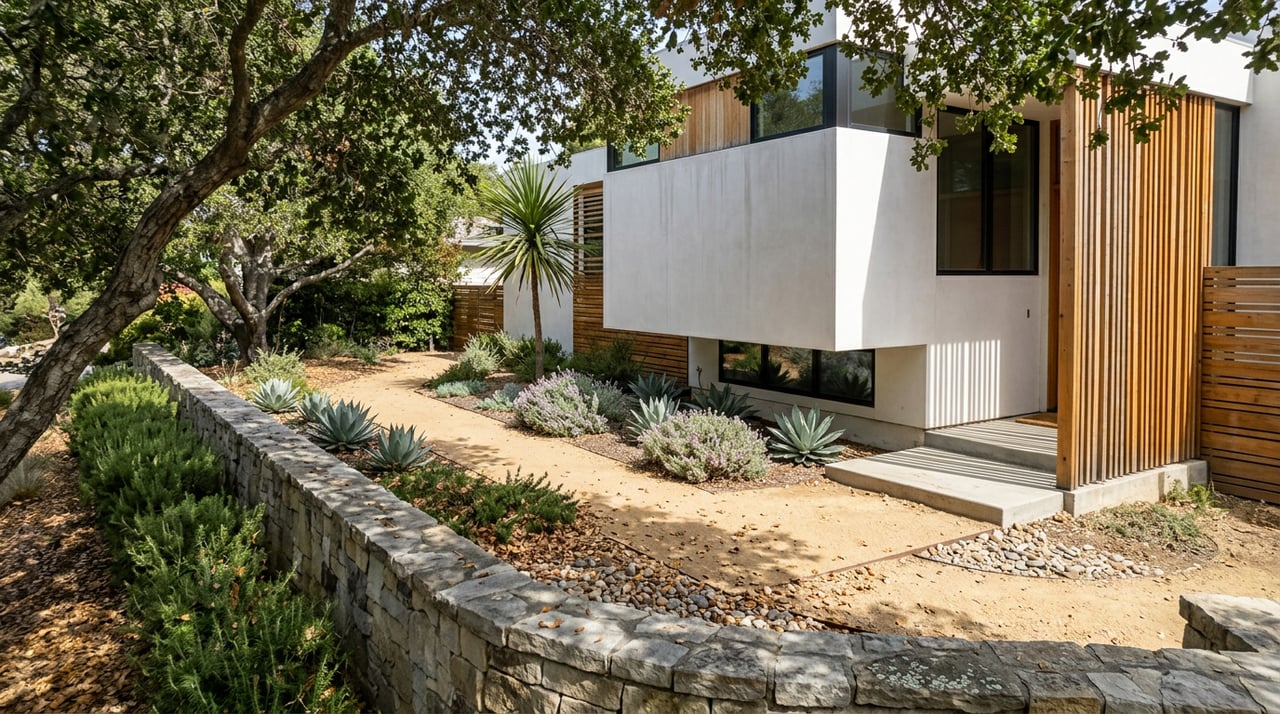 Contemporary house entry beyond a curving granite path beneath an oak canopy, with agaves and a stone retaining wall.