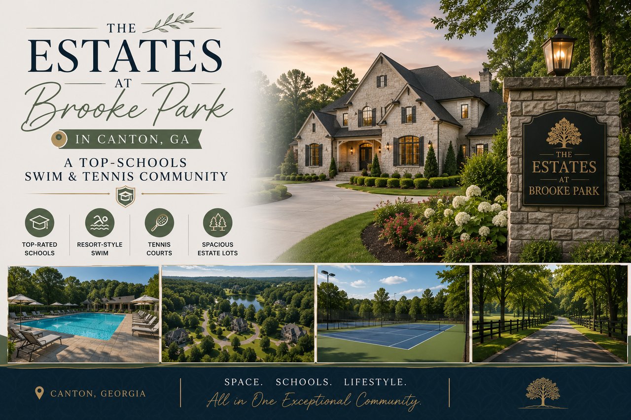 The Estates at Brooke Park in Canton, Georgia with estate homes, swim and tennis amenities, and top-rated schools.