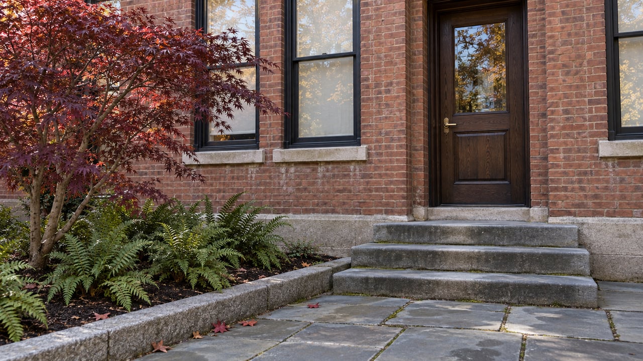 Brick residential entrance with a dark oak door, worn stone steps, and a burgundy Japanese maple beside a bluestone forecourt.