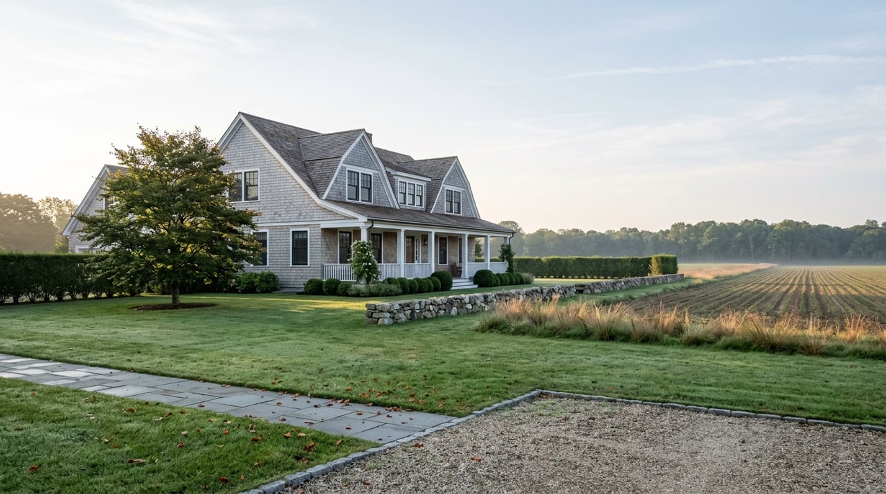 Silver-gray shingle house behind a clipped hedge, beside a cultivated field and dew-covered lawn.