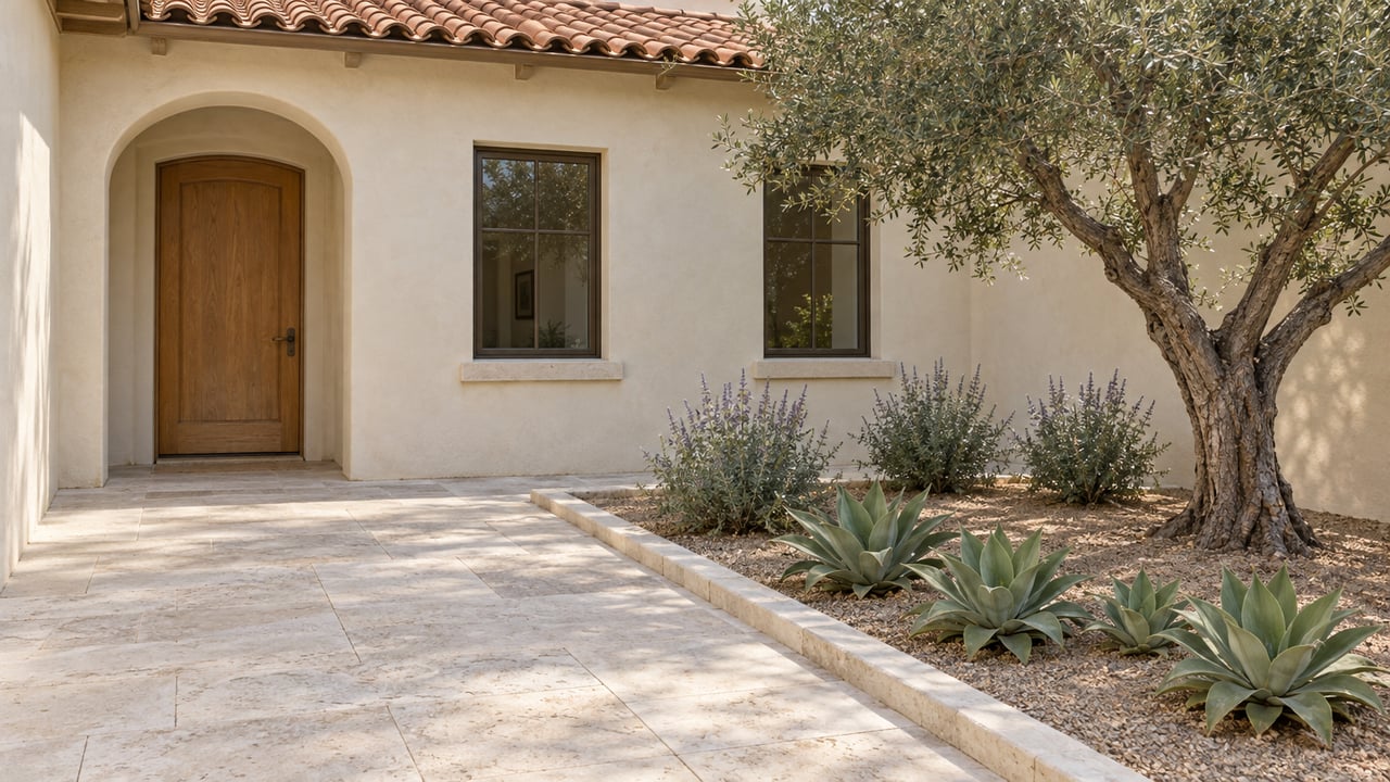 Ivory stucco home with a recessed arched oak entry, pale limestone courtyard and a sculptural olive tree beside drought-adapted planting.