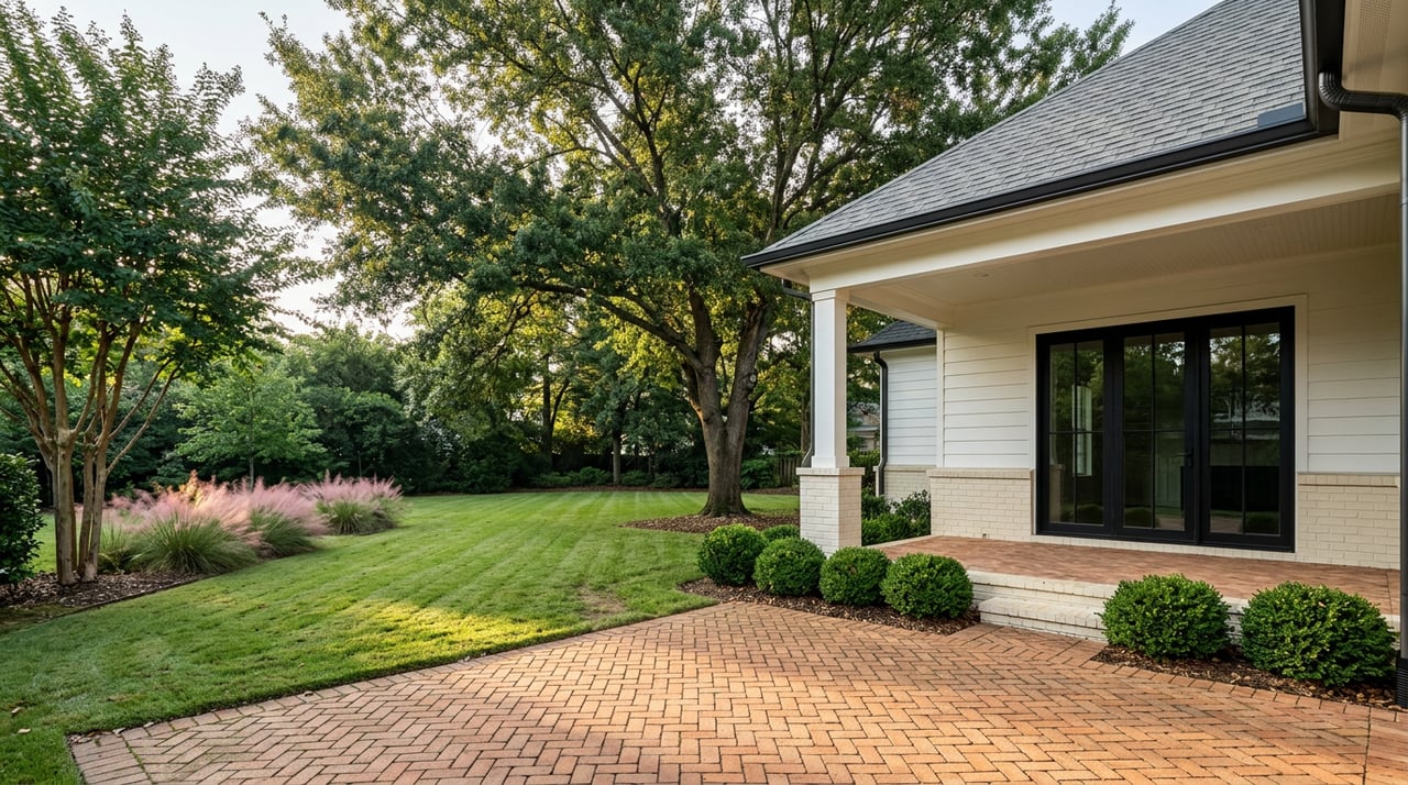 Brick patio beside striped lawn and white-shiplap porch, with a mature oak and pink muhly grass.