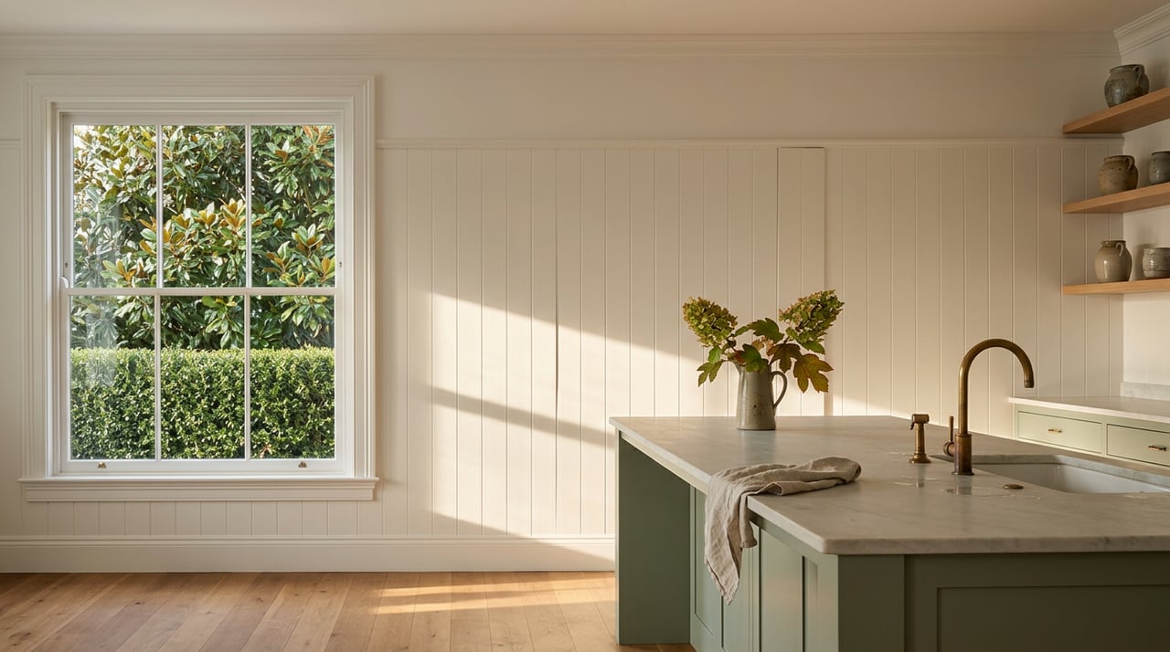 Sage-green kitchen island beside a tall window, with oak floors, open shelves, and leafy magnolia outside.