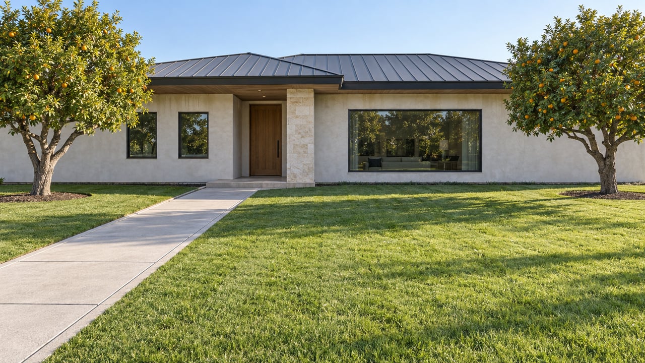 Single-story stucco residence beyond a deep green lawn, with limestone entry detailing and two mature orange trees in morning light.