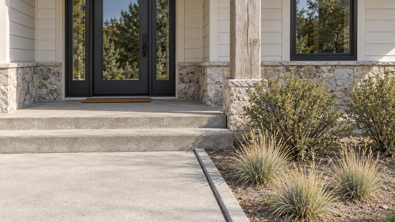 Sunlit timber porch and glazed entry above concrete steps, beside a curbed bed of bitterbrush and Idaho fescue.