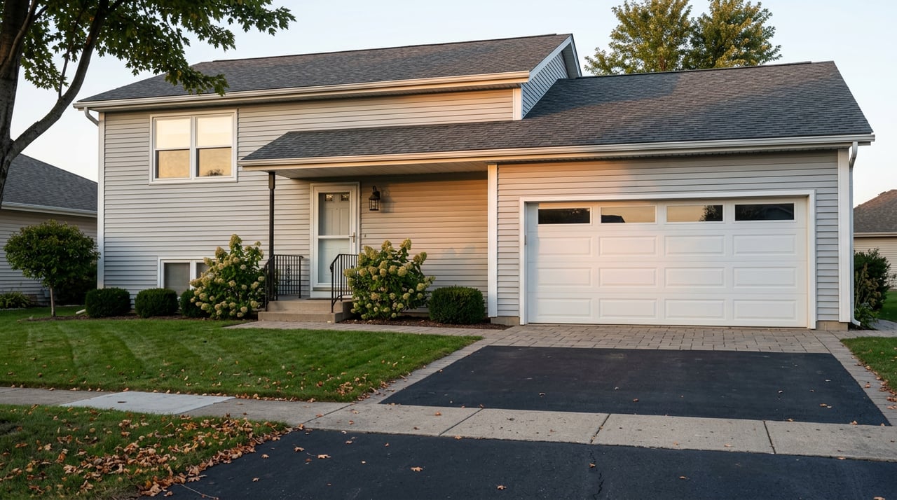 Two-story gray-sided suburban home with an attached garage, paver driveway apron, lawn, and warm low-angle sunlight.