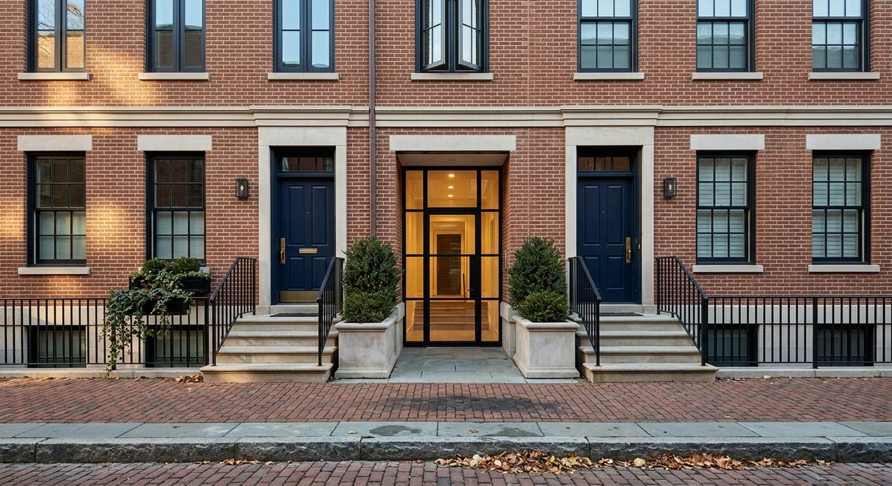 Three brick stoops flank a recessed glass lobby, with limestone planters and clipped shrubs along the lane.