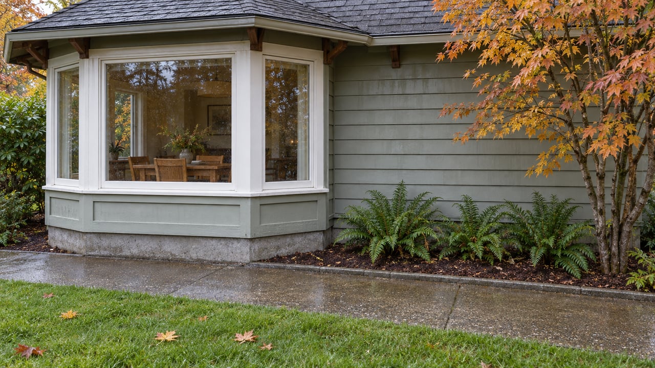 Rain-damp garden path beside a gray-green wood-sided home with a glazed dining bay, autumn vine maple, and sword ferns.