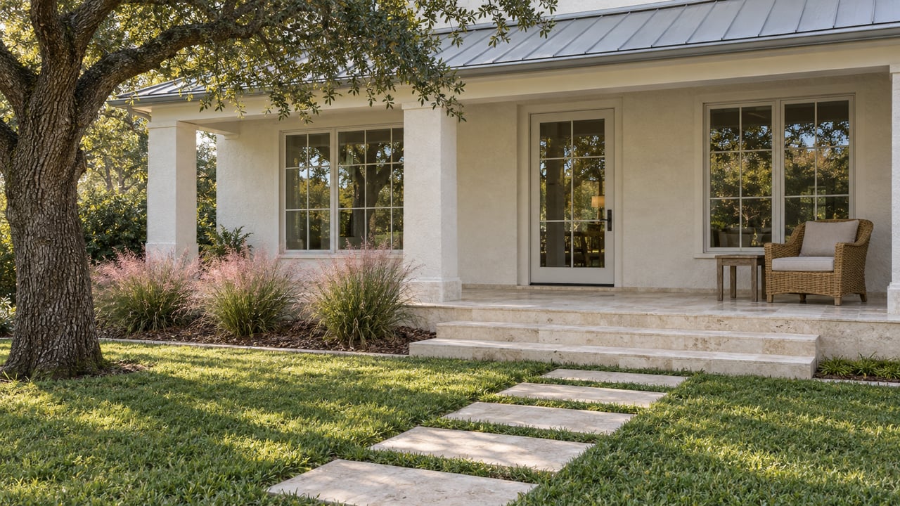 A sunlit white stucco home with a limestone porch, woven chair, broad lawn and pink muhly grass beneath a spreading live oak.