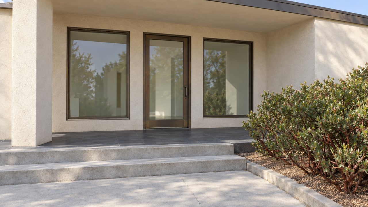 Ivory stucco residential entrance with bronze-framed glazing, a shaded basalt porch, concrete steps, and a sculptural manzanita beside the approach.