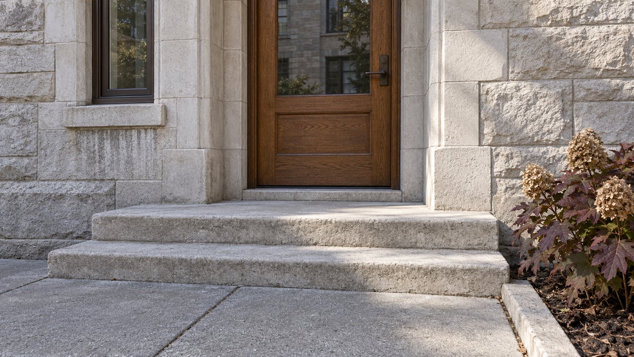 Sunlit limestone residential entrance with an oak-and-glass door, worn stone steps and burgundy oakleaf hydrangea beside the approach.