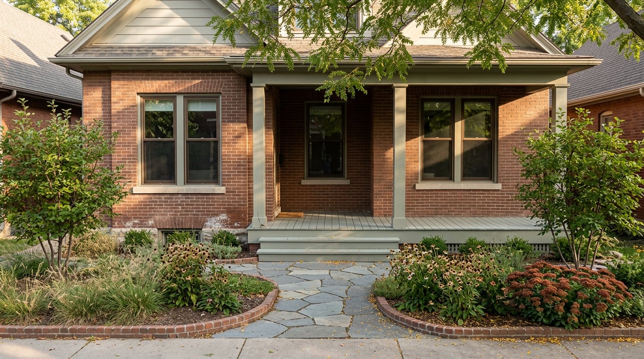 Brick two-story home with a full-width porch and curved bluestone path through native grasses and autumn flowers.