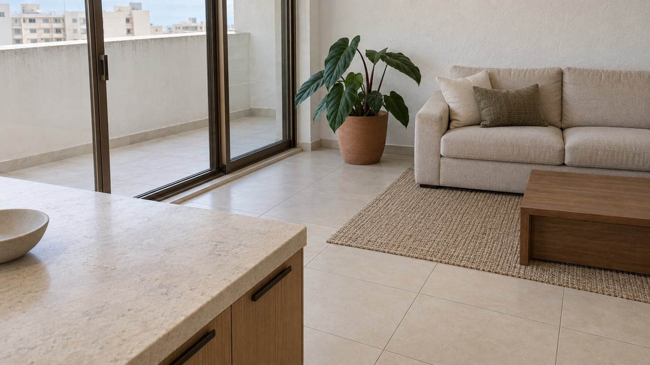 Bright condominium living area with a pale stone kitchen peninsula, linen sofa, bronze-framed glass doors and a sheltered tiled terrace.