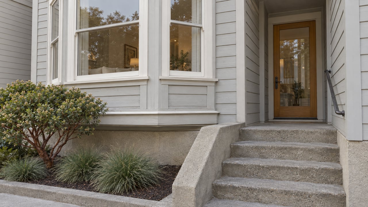 Pale gray timber-sided home with a projecting bay window, recessed wood-and-glass entry, worn concrete steps and a compact manzanita planting bed.