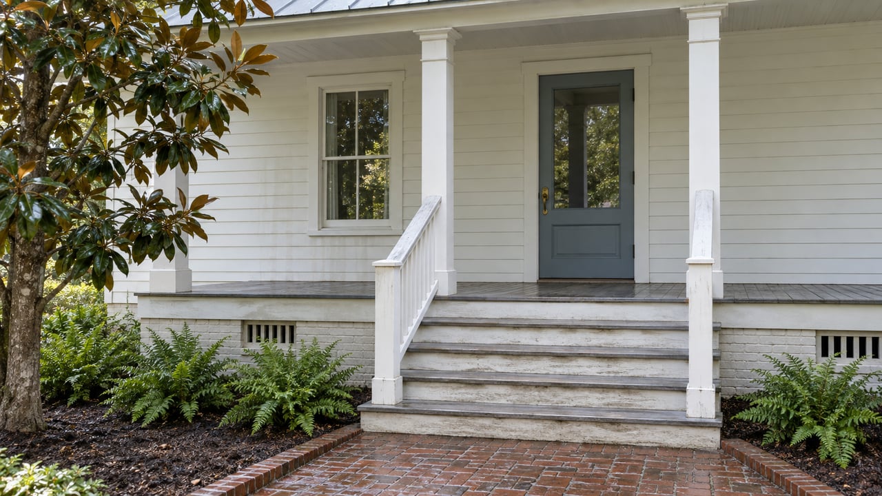 Raised clapboard cottage entrance with a blue-gray glazed door, weathered porch steps, brick walk, magnolia branches and ferns after rain.