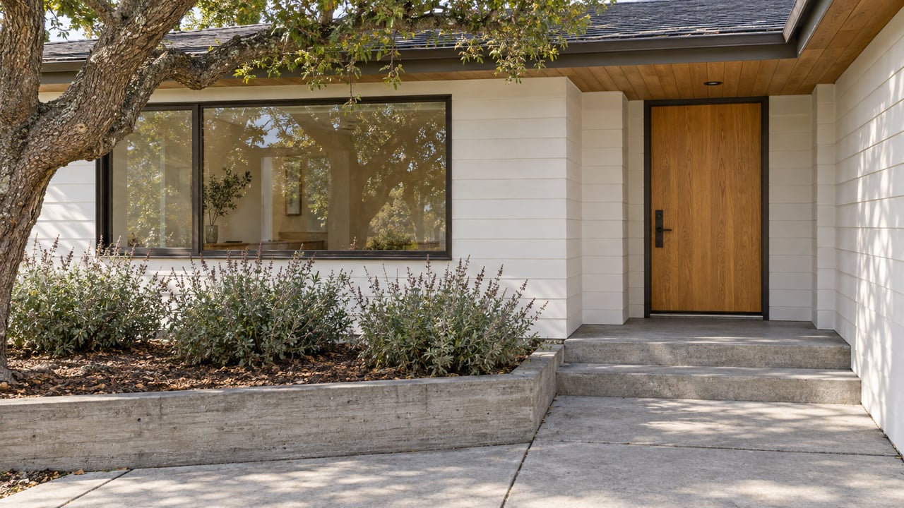Sunlit single-story home's timber-clad entry, bronze-framed window and oak-shaded concrete approach.