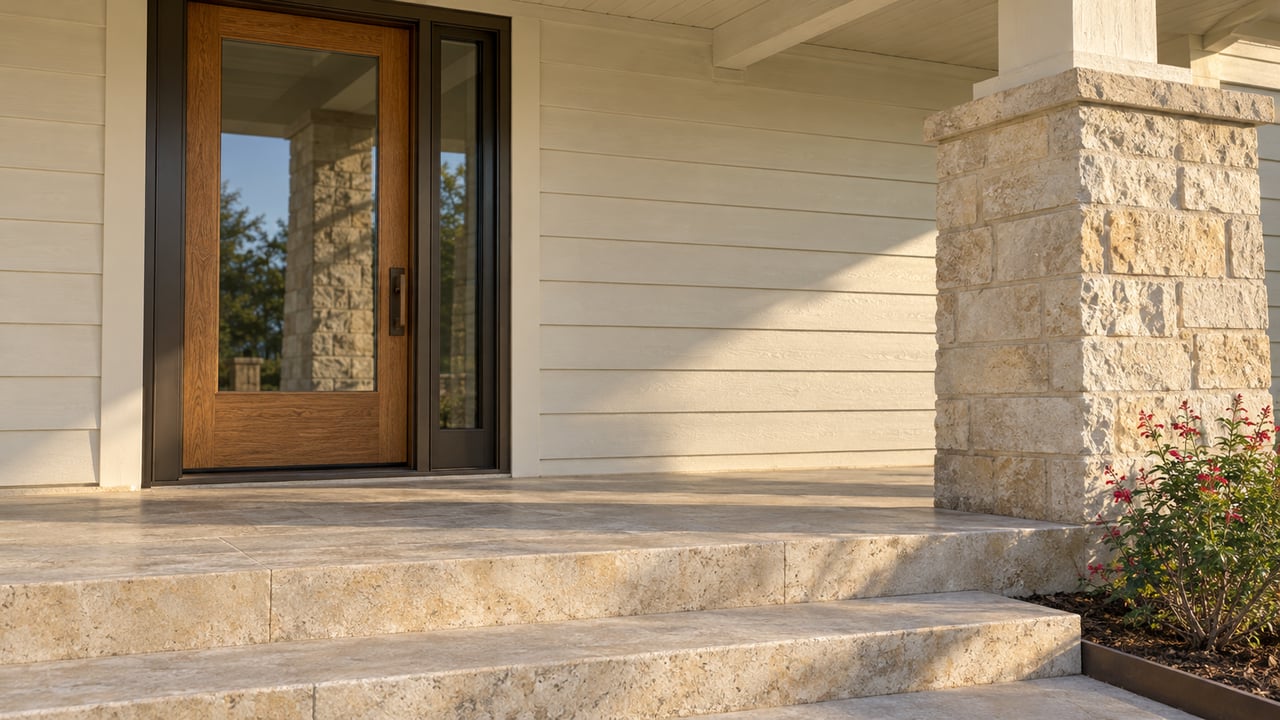 Cream timber siding and a glazed oak entry door meet a pale limestone porch pier above gently worn stone steps.