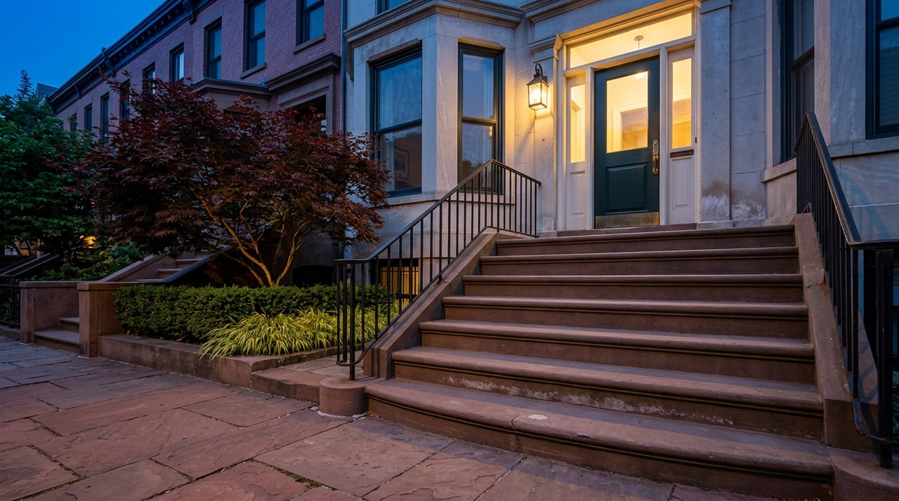 Brownstone stoop with sandstone steps, a dark green glazed door glowing warmly, and a red Japanese maple beside the rail.