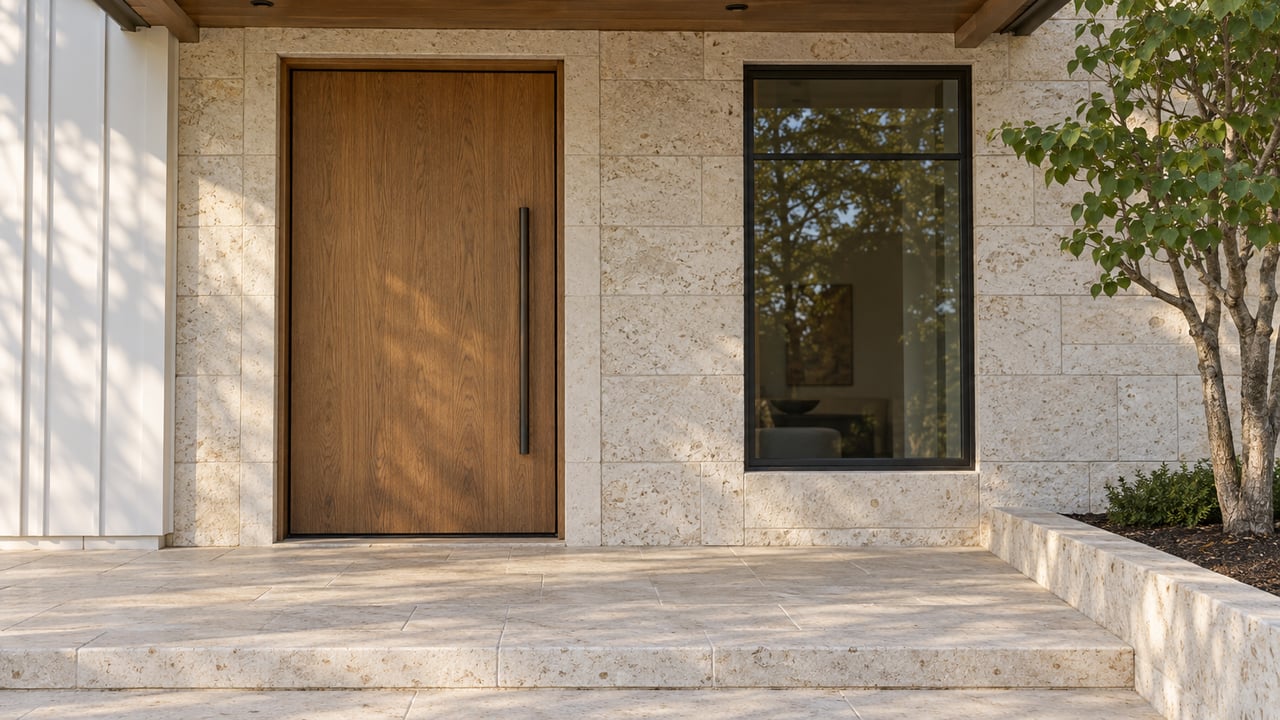 Sunlit limestone and white-oak residential entry beneath a deep porch, with a black-framed window and a single redbud beside the stone landing.