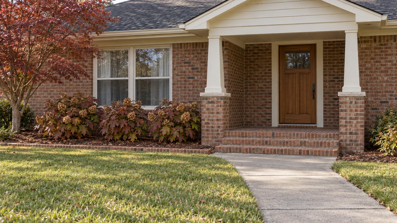 Brick home with a sheltered front porch, cream trim, autumn dogwood and a concrete walk crossing the front lawn.