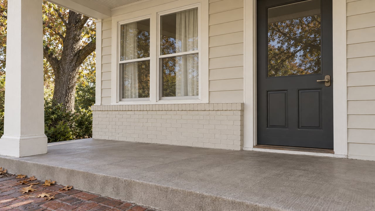 Autumn light falls across a cream-sided home's charcoal front door, enclosed double-hung window and weathered concrete porch beside a mature bur oak.