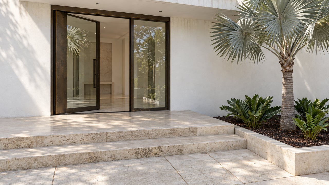 White stucco home entry with bronze-framed glass, ivory stone steps and a silver-backed fan palm in a bordered planting bed.