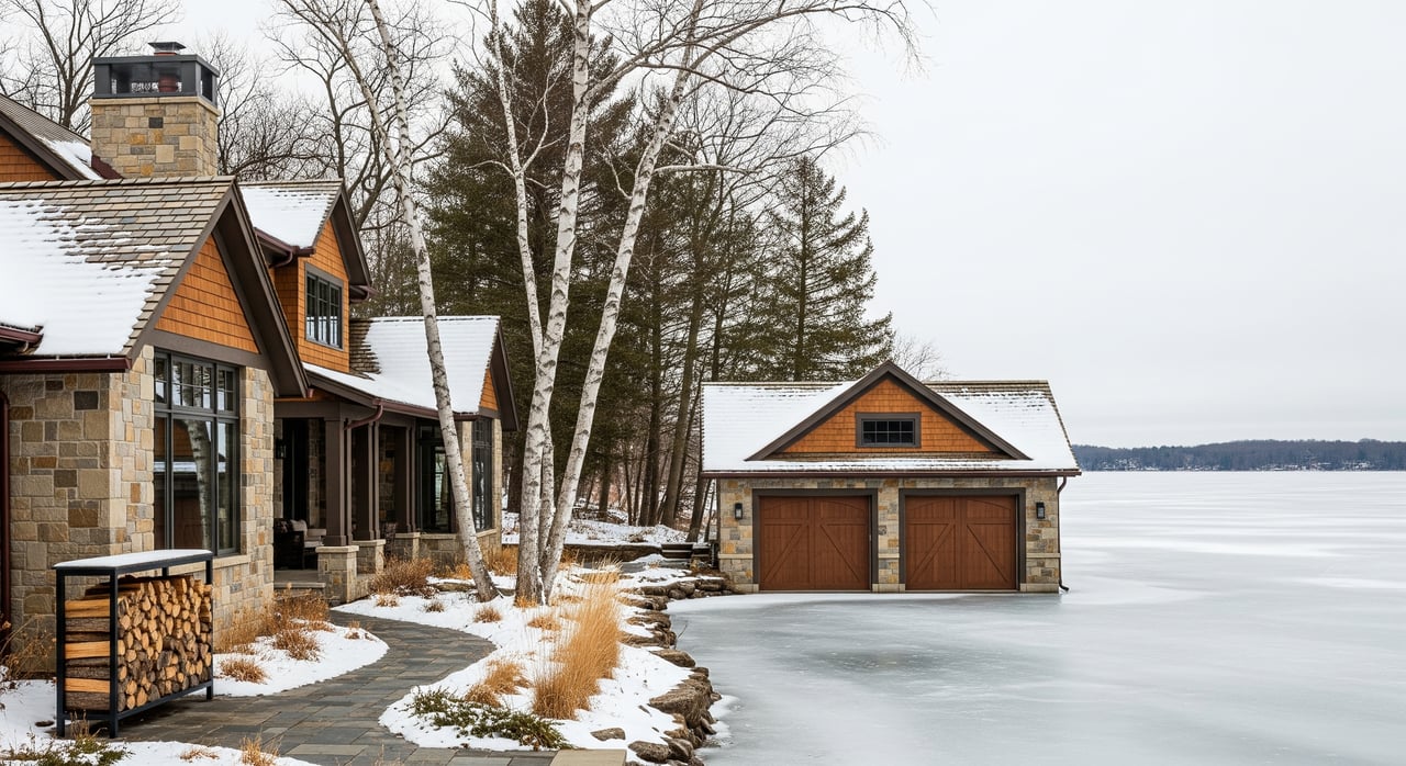 Stone lakeside home and detached double garage beside a frozen lake, with snow-covered roofs and bare trees.