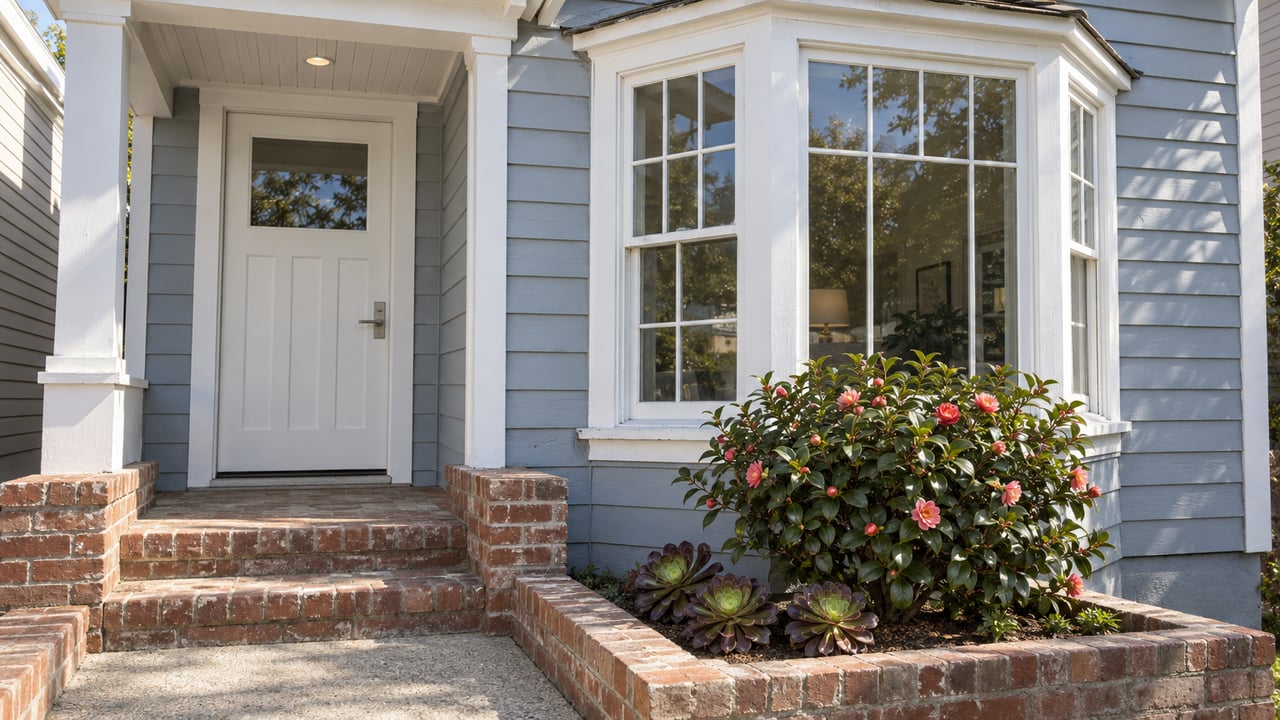 Blue-gray clapboard cottage entry beside a white-trimmed bay window, with worn brick steps and a camellia in a brick planting pocket.