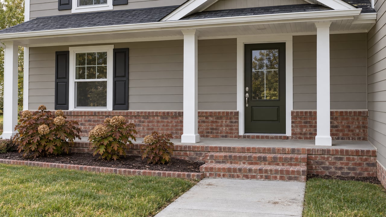 Greige-sided home with a covered entry, white porch columns, red brick steps, and autumn oakleaf hydrangeas beside a concrete walk.