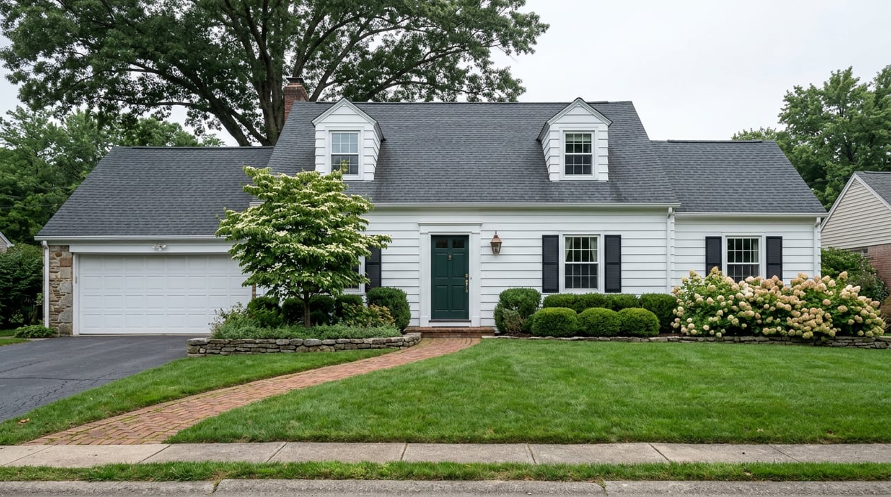 White clapboard home with paired dormers, green front door, fieldstone wing, and a brick path across the lawn.