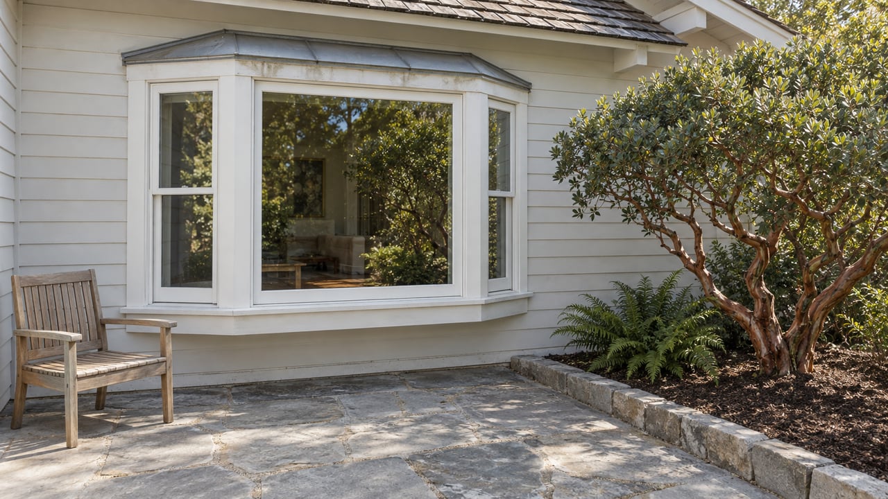 White timber bay window above a pale stone terrace, with a weathered teak chair and a sculptural manzanita in an edged planting bed.
