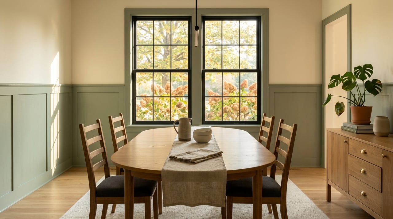 Oval oak dining table with charcoal chairs faces black-mullioned windows, with sage wainscoting and sunlit foliage beyond.