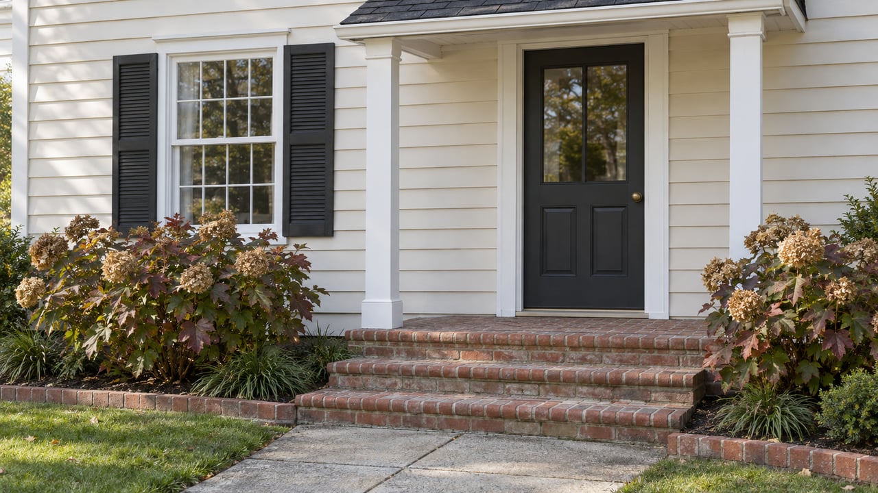 Cream clapboard home with a charcoal front door, shuttered window, worn brick steps and autumn oakleaf hydrangeas.