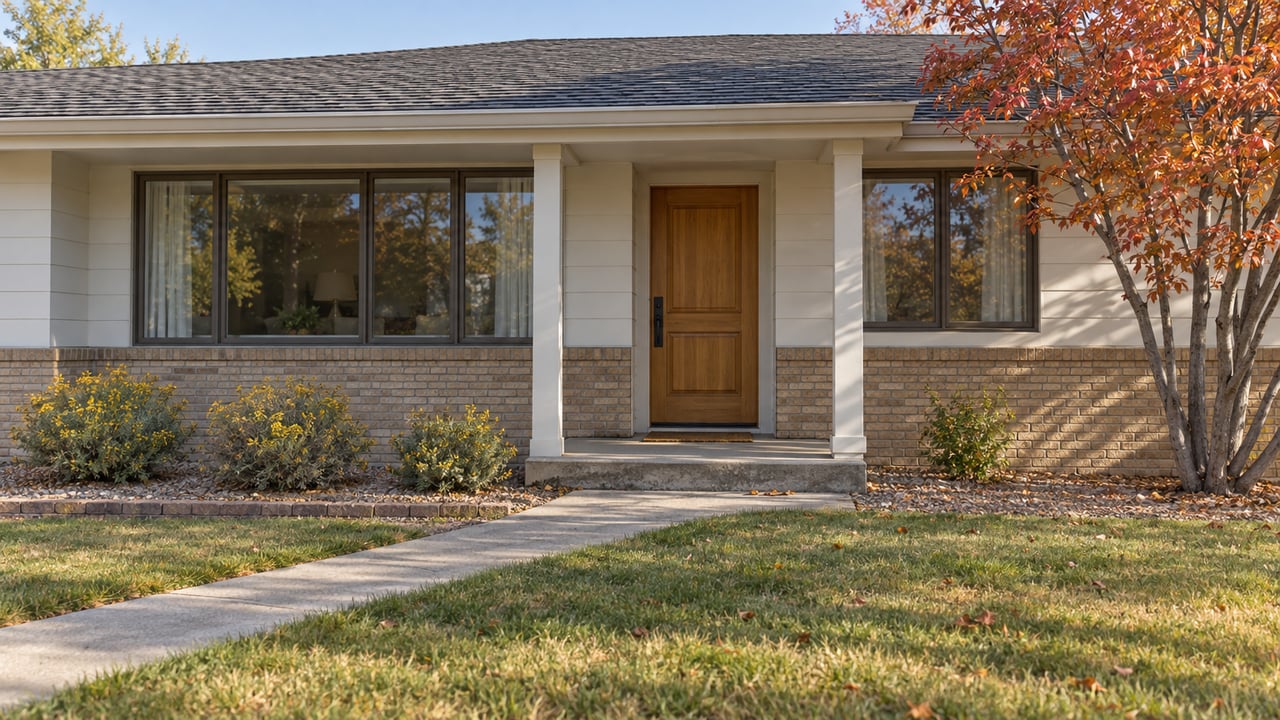 An updated single-story ranch with white siding, buff brick, a sheltered wood entrance and autumn planting beside a broad lawn approach.