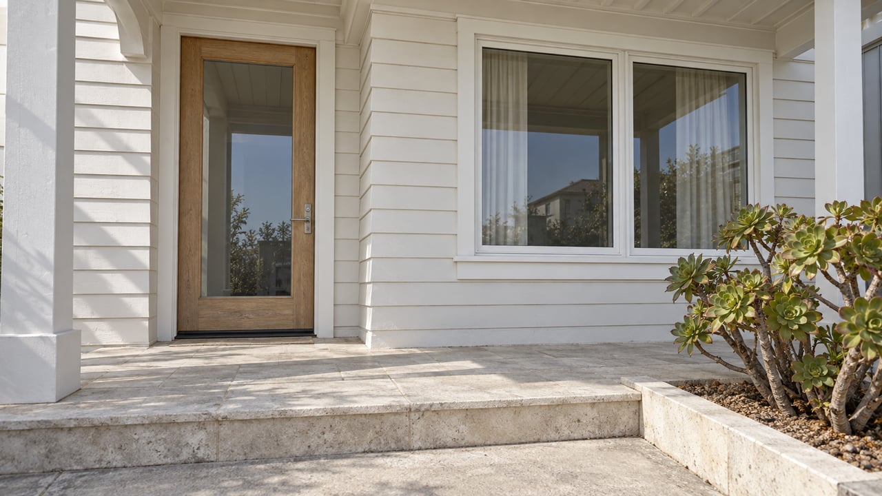 Close view of a light-painted home's sheltered oak-and-glass entrance, divided window, limestone step and a single branching aeonium.