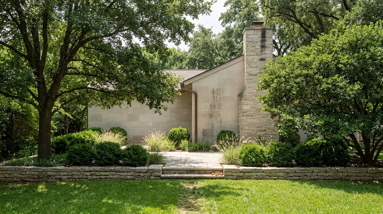 Limestone terrace edged with clipped hollies and ornamental grasses beneath mature oak trees.