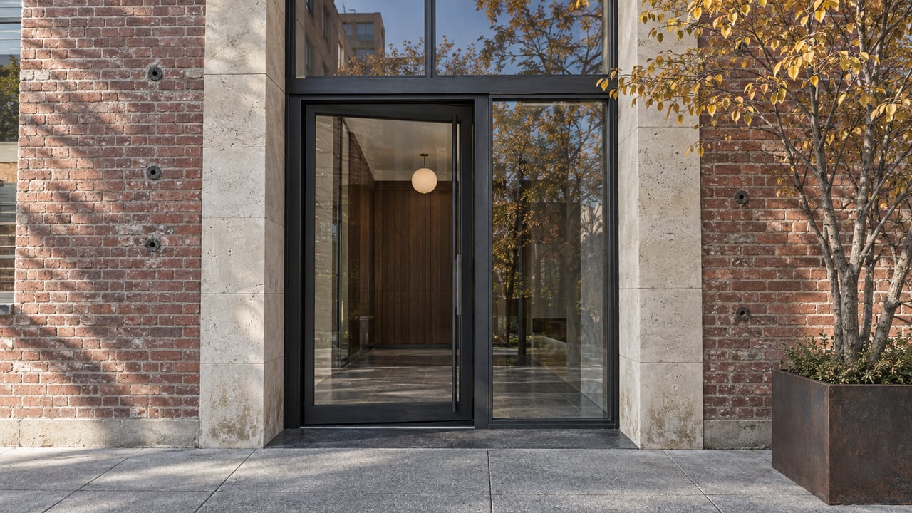 Brick loft entrance with limestone surrounds, steel-framed glazing and a serviceberry in a weathered steel planter.