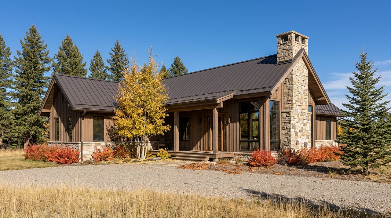 Mountain contemporary home with cedar siding, stone chimney, golden aspens, and a gravel drive amid dry meadow grass.