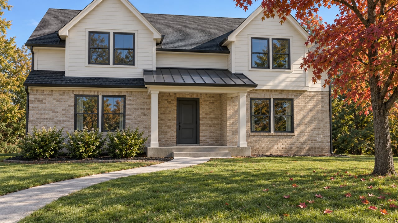 An ivory-sided suburban house with buff brick, steep gables and a broad autumn lawn beside a red maple.