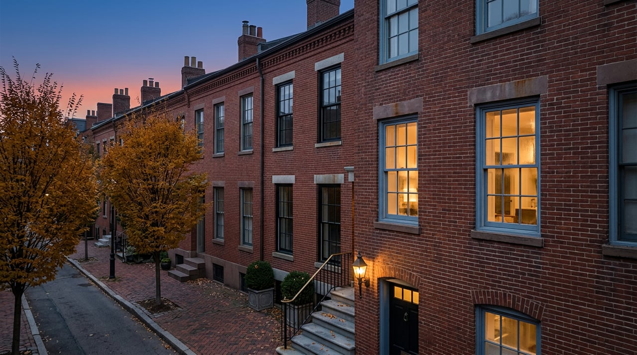Brick townhouses glow at blue hour, with two lit ground-floor windows and a cast-iron lamppost.