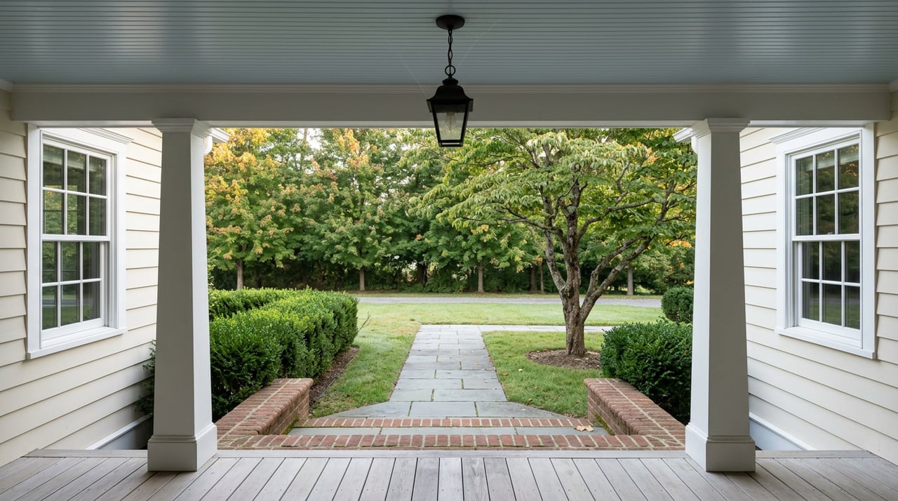 A blue-gray porch with white columns overlooks a bluestone path, dogwood, and red maple trees.