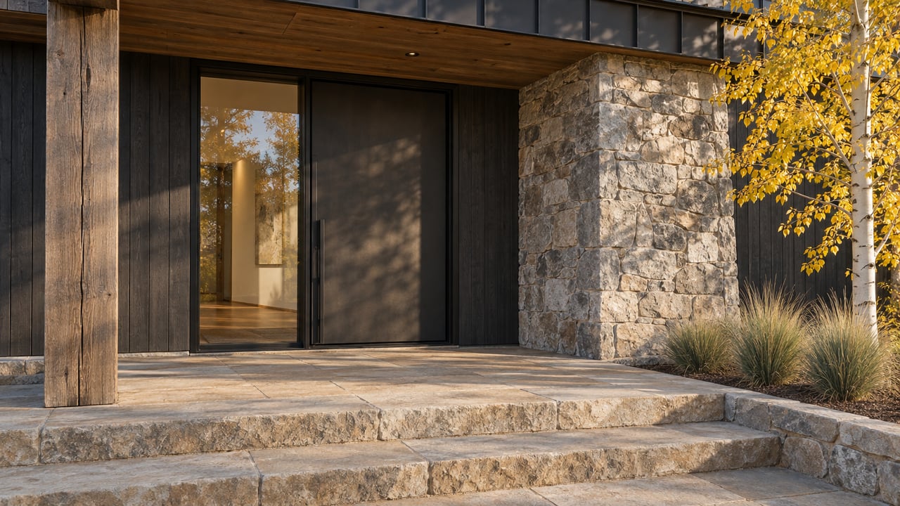 Timber canopy above a closed glass entry, beside a quartzite pier and golden aspen, with broad sandstone steps.